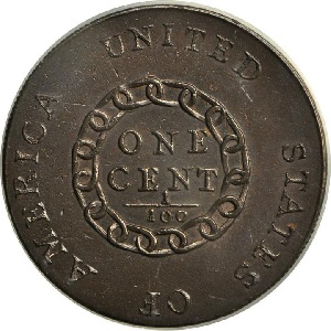 1793 Flowing Hair cent, Chain Reverse, AMERICA, No Periods key date coin