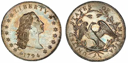 This 1794 silver dollar is thought to be the very first silver dollar produced by the United States.  It's rareness and historical notoriety make it one of the most valuable coins in the world.