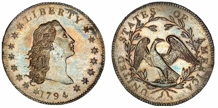 This 1794 silver dollar is thought to be the very first silver dollar produced by the United States.  It's rareness and historical notoriety make it one of the most valuable coins in the world.