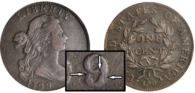 1799 Draped Bust Cent, 9 over 8