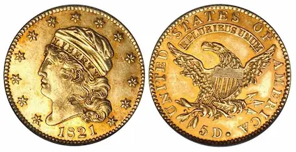 The 1821 Capped Head $5 Half Eagle ranks near the top in U.S. numismatics, demonstrating an impressive price performance over many decades.