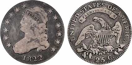 The key date 1822 25/50 Capped Bust quarter has a long record of appreciating sharply in all grades.