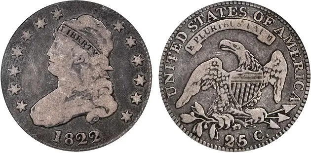 The key date 1822 25/50 Capped Bust quarter has a long record of appreciating sharply in all grades.