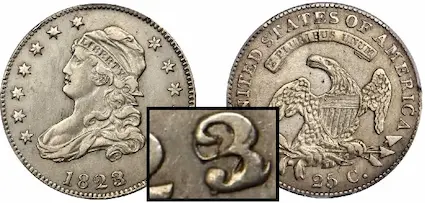 rare date 1823 Capped Bust quarter, 3/2