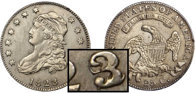 rare date 1823 Capped Bust quarter, 3/2