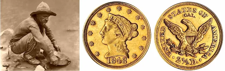 In Dec 1848, a small shipment of newly found California gold was sent to Philadelphia to be coined into $2.50 gold pieces.  The 1848 CAL. quarter eagle is one of the most prized coins in collecting. In Dec 1848, a small shipment of newly found California gold was sent to Philadelphia to be coined into $2.50 gold pieces.  The 1848 CAL. quarter eagle is one of the most prized coins in collecting.
