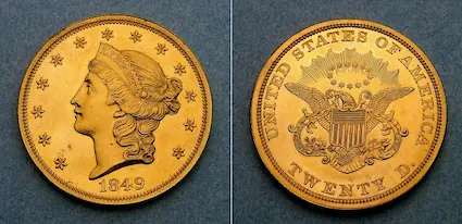 The 1849 Coronet $20 double eagle is one of the most valuable coins in the world, valued at over $20 million.  The only known example of this fabulous coin resides at the Smithsonian Institute. The 1849 Coronet $20 double eagle is one of the most valuable coins in the world, valued at over $20 million.  The only known example of this fabulous coin resides at the Smithsonian Institute.