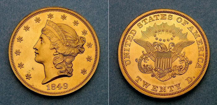 The 1849 Coronet $20 double eagle is one of the most valuable coins in the world, valued at over $20 million.  The only known example of this fabulous coin resides at the Smithsonian Institute. The 1849 Coronet $20 double eagle is one of the most valuable coins in the world, valued at over $20 million.  The only known example of this fabulous coin resides at the Smithsonian Institute.
