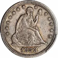 1853 Seated Liberty quarter, No arrows or rays