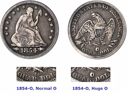 Rare key date 1854-O Seated Liberty quarter, Huge O