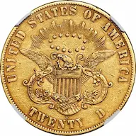 Rare gold coin 1861-S $20 double eagle, Paquet Reverse