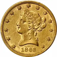 1863-S ten dollar gold coin photos