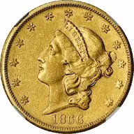 1866-S Coronet $20 Double Eagle, No Motto