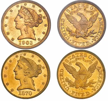 Two $5.00 half eagles with same gold content. The 1903 is a “generic” coin and whose value mostly rides on the world gold price. The 1870-CC is a rarity and worth much more due to collector demand. Two $5.00 half eagles with same gold content. The 1903 is a “generic” coin and whose value mostly rides on the world gold price. The 1870-CC is a rarity and worth much more due to collector demand.