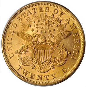 Common date U.S. gold coin: 1875 Coronet $20 double eagle