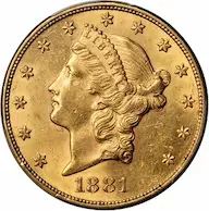 1881 Coronet $20 double eagle historic values
