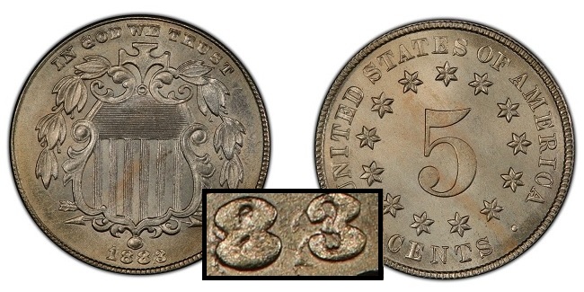 1883 Shield Nickel 3/2 overdate
