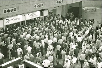 Crowd waits to get inside at 1985 ANA convention. On average, coin shows decades ago were more heavily attended than today, but the future of coin collecting remains bright because of new technology.