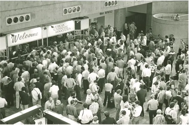 Crowd waits to get inside at 1985 ANA convention. On average, coin shows decades ago were more heavily attended than today, but the future of coin collecting remains bright because of new technology.
