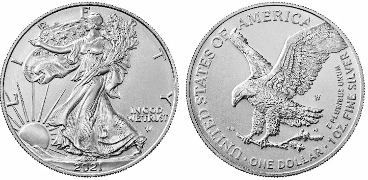 The American Silver Eagle is a bullion-based coin intended to appeal to silver investors.  The obverse is modeled after the Adolph Weinman half dollar design, made from 1916-47.