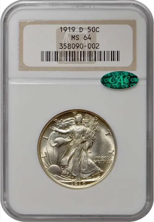 This 1919-D Walking Liberty half dollar illustrates the importance of the CAC "Green Bean" sticker.