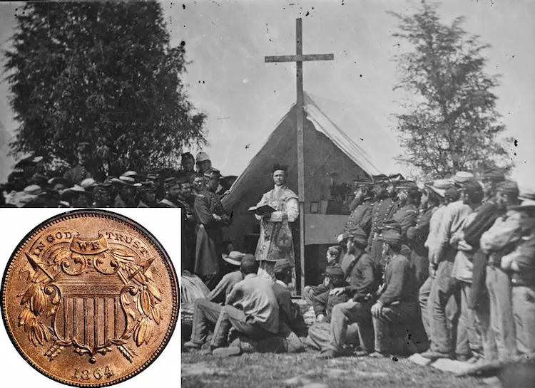In 1864, as a response to the raging civil war crises, the motto "In God We Trust" appeared for the first time on a U.S. coin. In 1864, as a response to the raging civil war crises, the motto "In God We Trust" appeared for the first time on a U.S. coin.