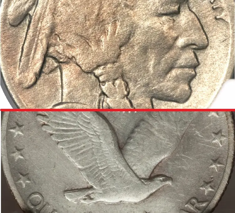 Examples of improperly cleaned coins.  The Buffalo nickel on top was chemically cleaned, resulting in discoloration.  The Standing Liberty quarter is heavily scratched from an abrasive cleaning.