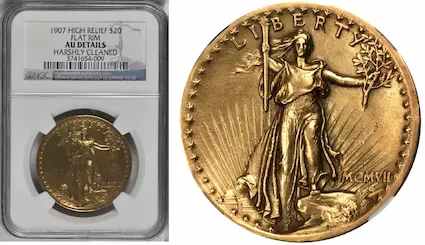 Because this coin was harshly cleaned, it did not receive a numerical grade from NGC.  In March 2016, it sold for $6463, less than half its "normal" selling price. Because this coin was harshly cleaned, it did not receive a numerical grade from NGC.  In March 2016, it sold for $6463, less than half its "normal" selling price.