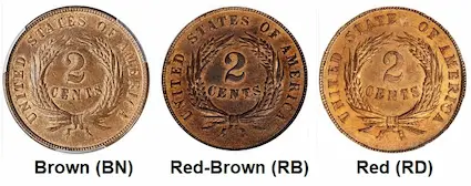 Copper coin colors are illustrated: Brown (BN), Red-Brown (RB), and Red (RD). Coins retaining their original reddish-orange mint color may command significant premiums. Copper coin colors are illustrated: Brown (BN), Red-Brown (RB), and Red (RD). Coins retaining their original reddish-orange mint color may command significant premiums.