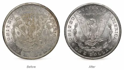 With proper techniques, some substances can be safely removed from the surface of a coin, improving the coin’s appearance while receiving a numerical grade form NGC or PCGS. With proper techniques, some substances can be safely removed from the surface of a coin, improving the coin’s appearance while receiving a numerical grade form NGC or PCGS.