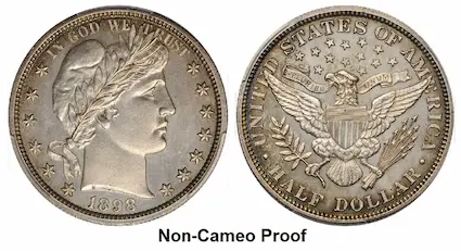 The devices and fields of this 1898 Barber half dollar proof are equal, and thus provide zero contrast.  This non-cameo coin was graded PR-62 by PCGS.