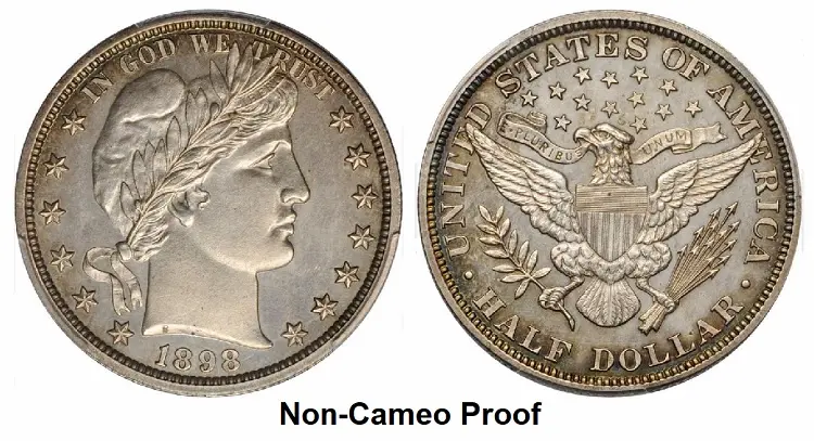 The devices and fields of this 1898 Barber half dollar proof are equal, and thus provide zero contrast.  This non-cameo coin was graded PR-62 by PCGS.