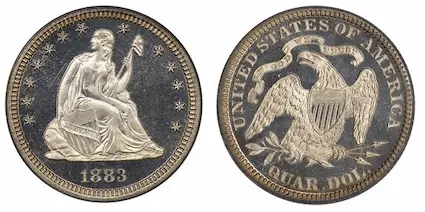 This 1883 Seated Liberty quarter boasts considerably frosted devices, contrasted beautifully by mirrored fields.