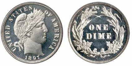 This 1897 Barber dime is a fine example of a deep cameo Proof coin from the 19th century.