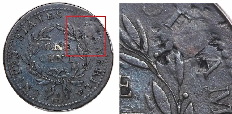 Example of a classic United States coin that was holed and repaired with a plug.