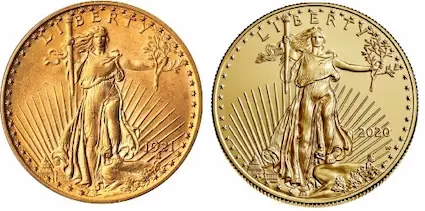 The appearance of the gold bullion coins issued by the U.S. Mint today is modeled after the $20 double eagle designed by Augustus Saint-Gaudens, minted from 1907-33.