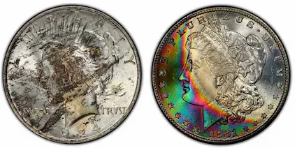 Toning is the result of the corrosion process in coins. As these coins illustrate, sometimes toning can either diminish or enhance a coin's eye appeal. Toning is the result of the corrosion process in coins. As these coins illustrate, sometimes toning can either diminish or enhance a coin's eye appeal.