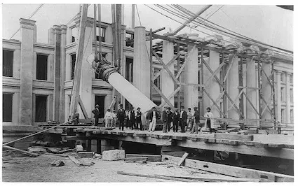 The Sept. 16, 1867 photo above shows the eighth and final column being raised into position during the construction of the North wing of the Treasury building.