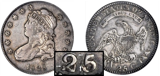 Long term values of the 1828 Capped Bust quarter, 25/5- C.