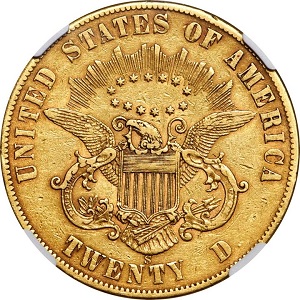 Rare gold coin 1861-S $20 double eagle, Paquet Reverse